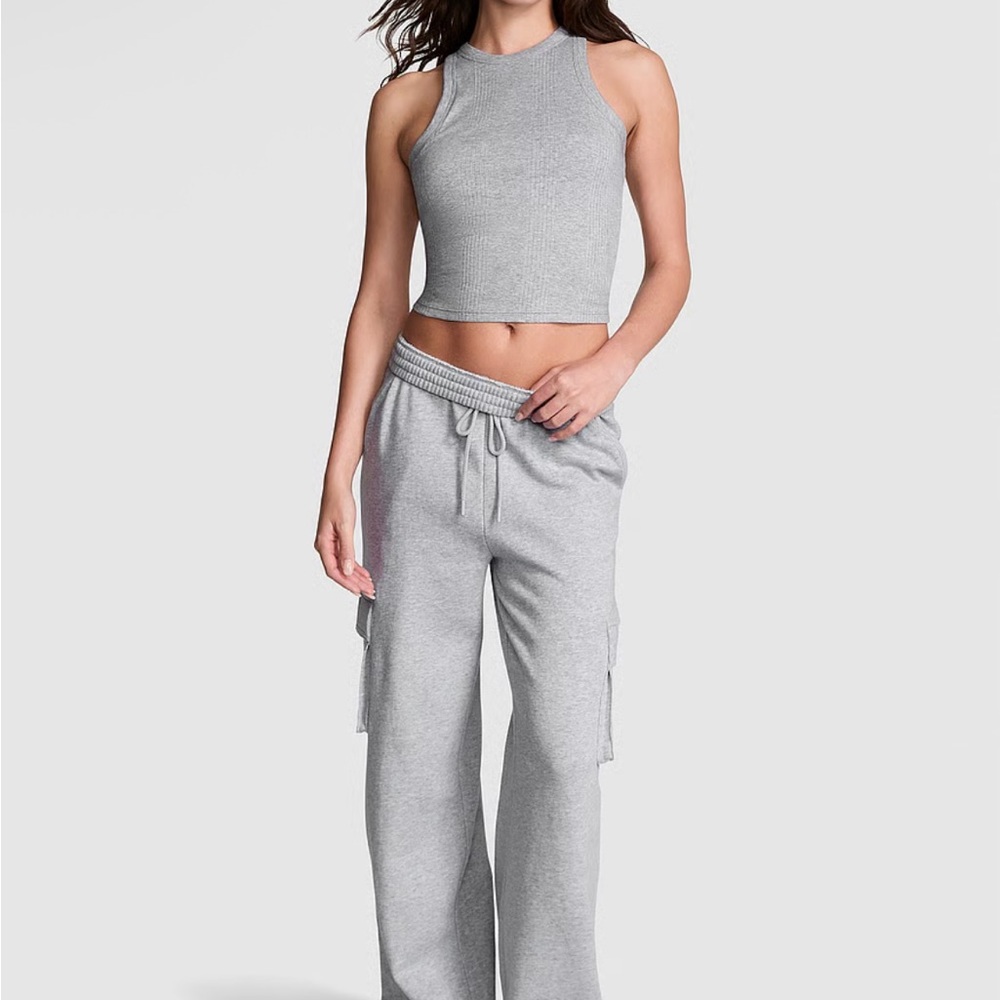 NWT PINK by Victoria Secret Wide Leg Grey Fleece Cargo Sweatpants